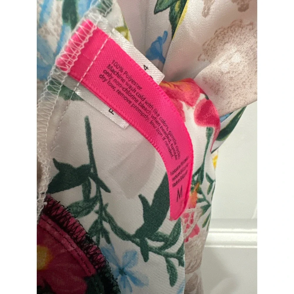 Betsey Johnson Floral Satin Chemise Nightgown Medium Ruffle Hem Cage Back Slip